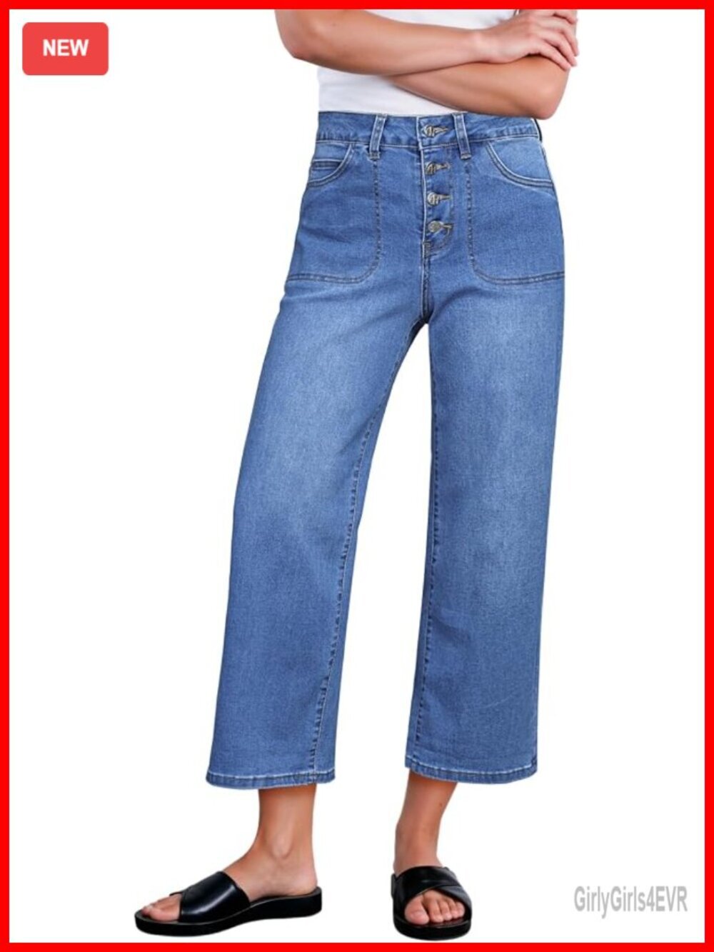 Wide Leg High Waisted Cropped Jeans Button Fly Stretchy Denim